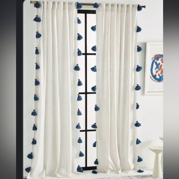 Anthropologie Other - ANTHROPOLOGIE Mindra curtains 96x50 inch gray stripe w navy blue tassels. NWT.